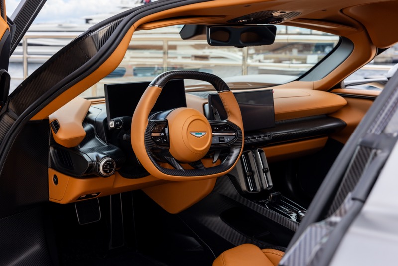 The orange leather cabin of the Aston Martin Valhalla