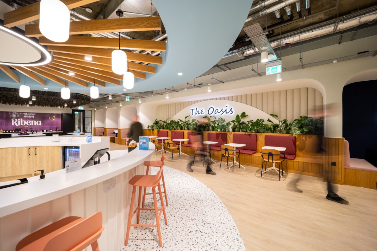 The Oasis, a planted social space at Suntory's offices with the Ribena bar beyond