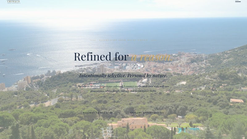 The Crew and Co home page, with an aerial view of Monaco behind the headline